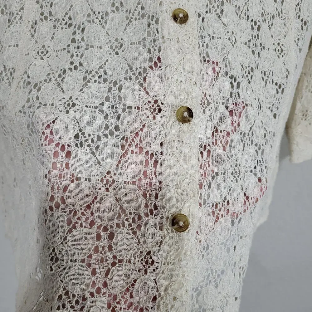 Coldwater Creek Lace Shirt Womens Large Cream Lace Summer Boho Coastal Cottage - Picture 5 of 12